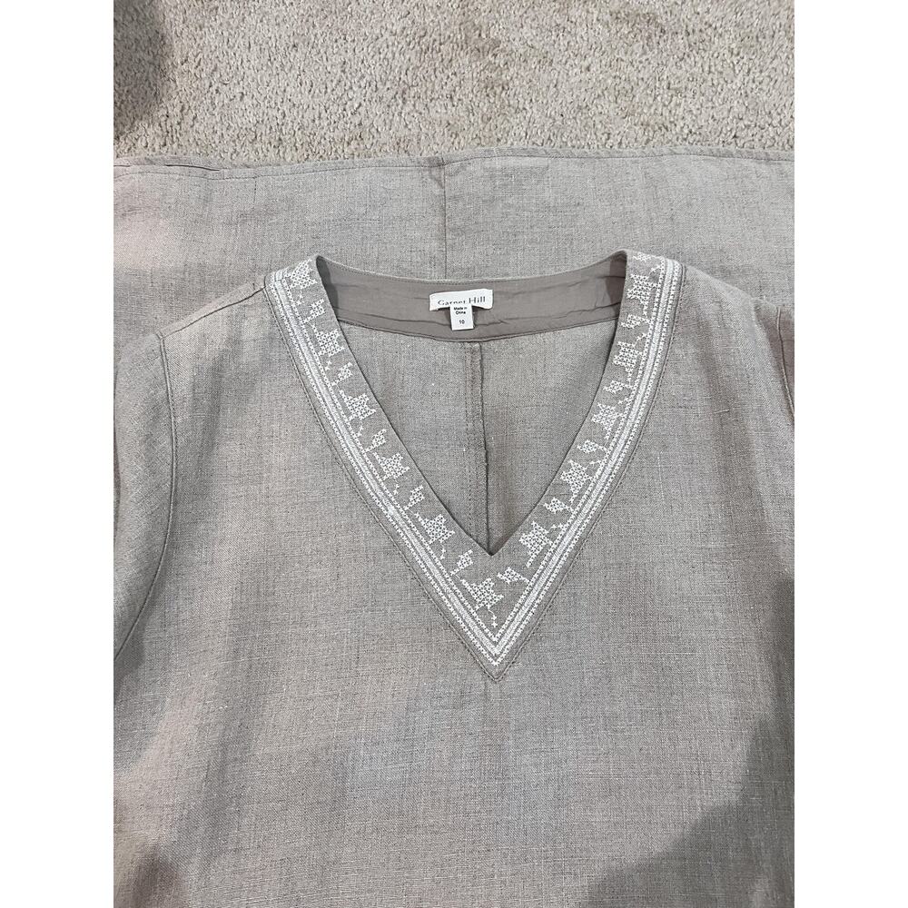 Garnet Hill Dress Womens 10 Beige Linen Embroidered V Neck Shift Pockets Casual - Picture 5 of 9